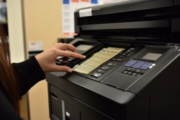 Office scene  individual engaged with a copier, printing documents with focused expression