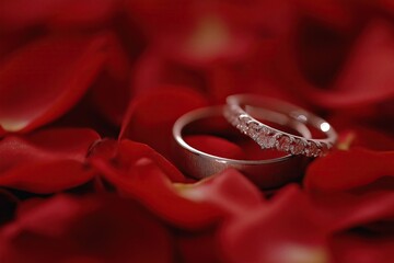 Two wedding rings on red rose petals, one adorned with gemstones