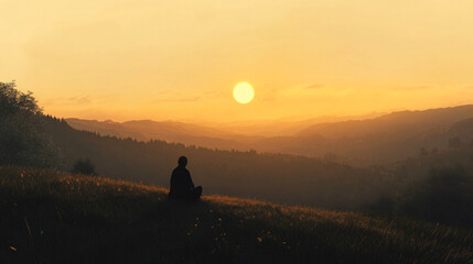 Fototapeta premium A lone person on a rolling hill, immersed in quiet thought, watching the sun set over the vast valley.