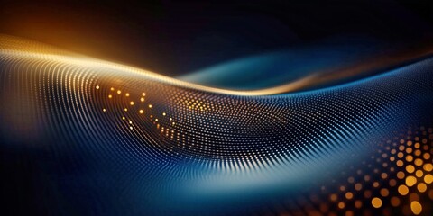 Glowing wave of blue and orange dots creating a smooth and flowing texture on a dark background