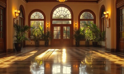 Obraz premium Serene Hall Lit by Soft Evening Light, Generative AI
