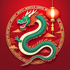 Fototapeta premium Design a vibrant 2025 Year of the dragon illustration for Chinese New Year featuring golden dragon motifs, traditional red lanterns, and floral patterns on a bold red background