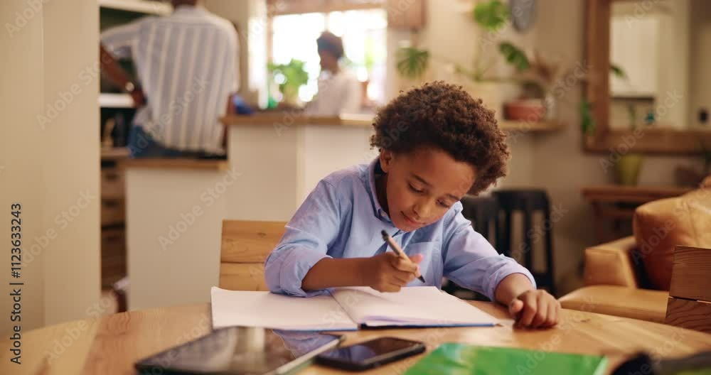 Poster education, notebook and writing with boy student in living room of home for development, future or g