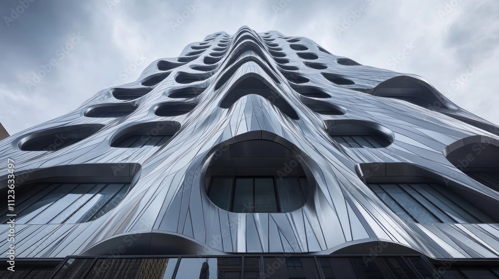 Poster low-angle view of a modern skyscraper with a unique, sculpted facade featuring irregular openings an