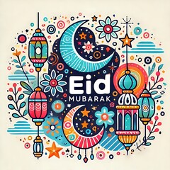 Obraz premium Colorful Eid Mubarak Illustration Featuring Lanterns and Moons
