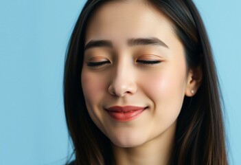 Fototapeta premium Half-length portrait of a 30-year-old female with a calm and peaceful expression