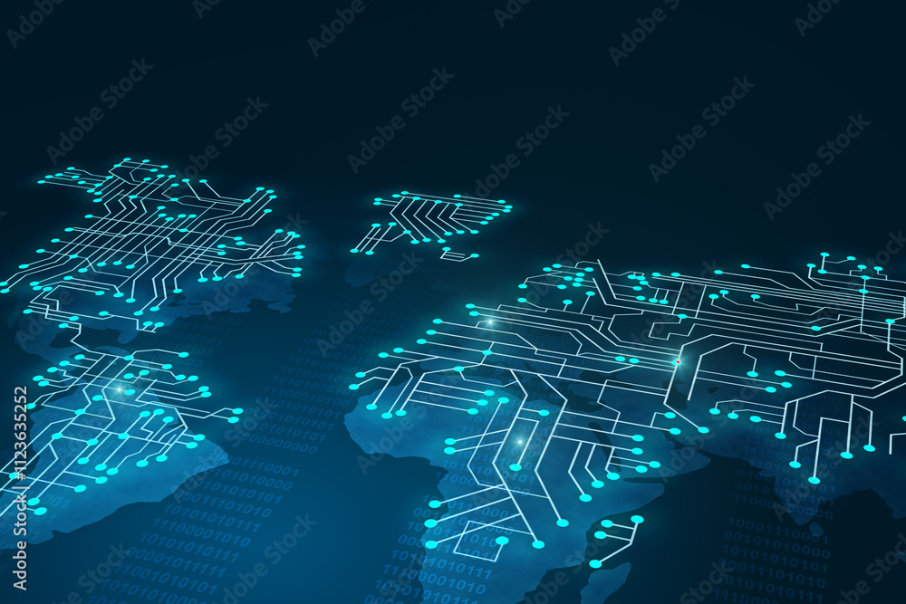 Aufkleber Mining and global blockchain technologies concept with perspective view on digital graphic world map made from glowing circuit on abstract dark background. 3D rendering