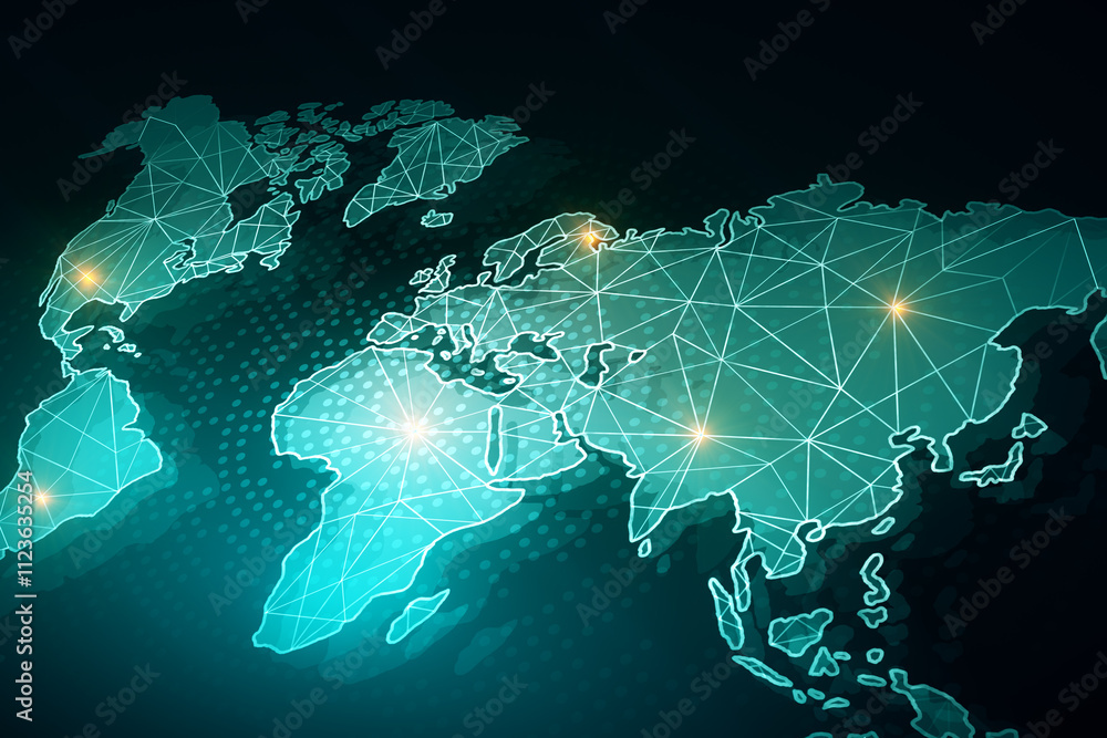 Poster View from top on digital graphic glowing green world map with dots connected by lines on abstract dark background, design template. 3D rendering
