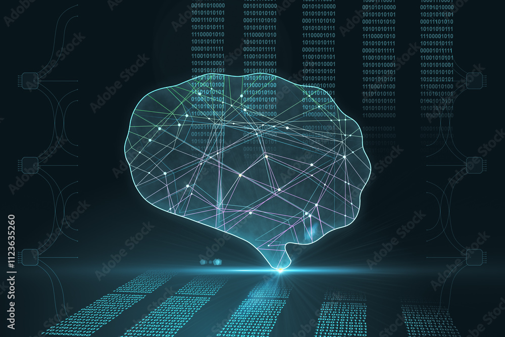 Fototapete Data transfer and artificial intelligence concept with digital graphic human brain layout and lines inside on abstract dark technological background with coding. 3D rendering