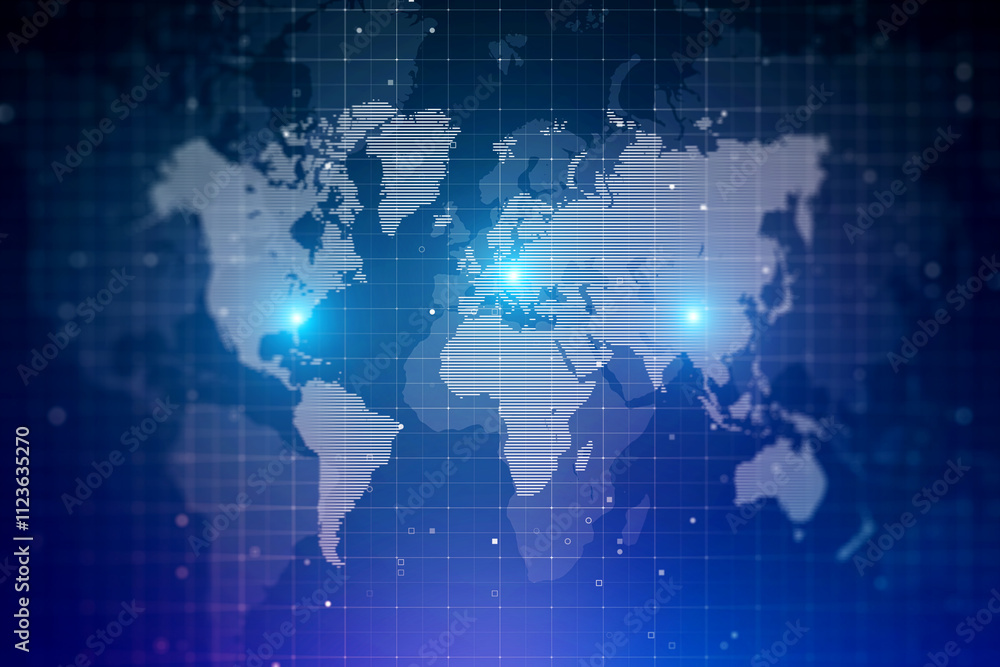 Poster Blue bright digital world map visualization with glowing lights on squared background. 3D rendering
