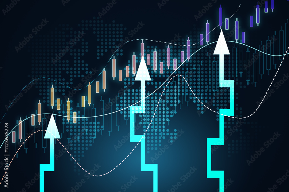 Poster stock market and global trading concept with digital vertical moving arrows and raising candlestick 