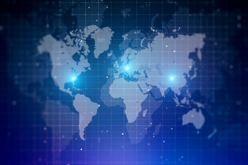 Blue bright digital world map visualization with glowing lights on squared background. 3D rendering