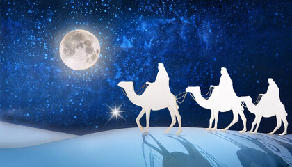 Obraz premium The Three Wise Men riding camels under a glowing star in a serene desert night, symbolizing the journey to Bethlehem in a minimalist style. Generative AI