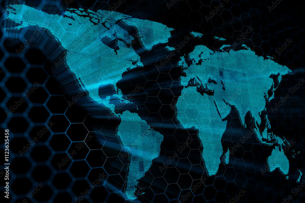 Aufkleber blue digital world map perspective view on dark hexagon background. 3d rendering