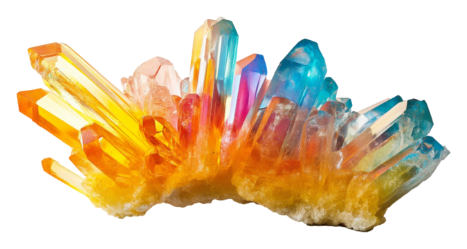 multicolored quartz crystal cluster isolated on transparent background, geological mineral and healing crystal concept