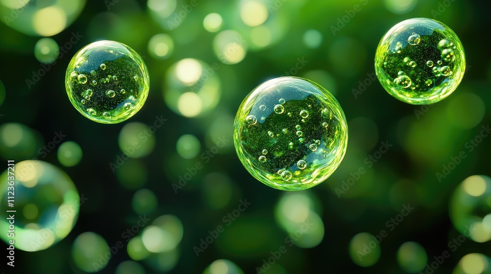 Poster macro of green cell-like bubbles in liquid form against deep dark background