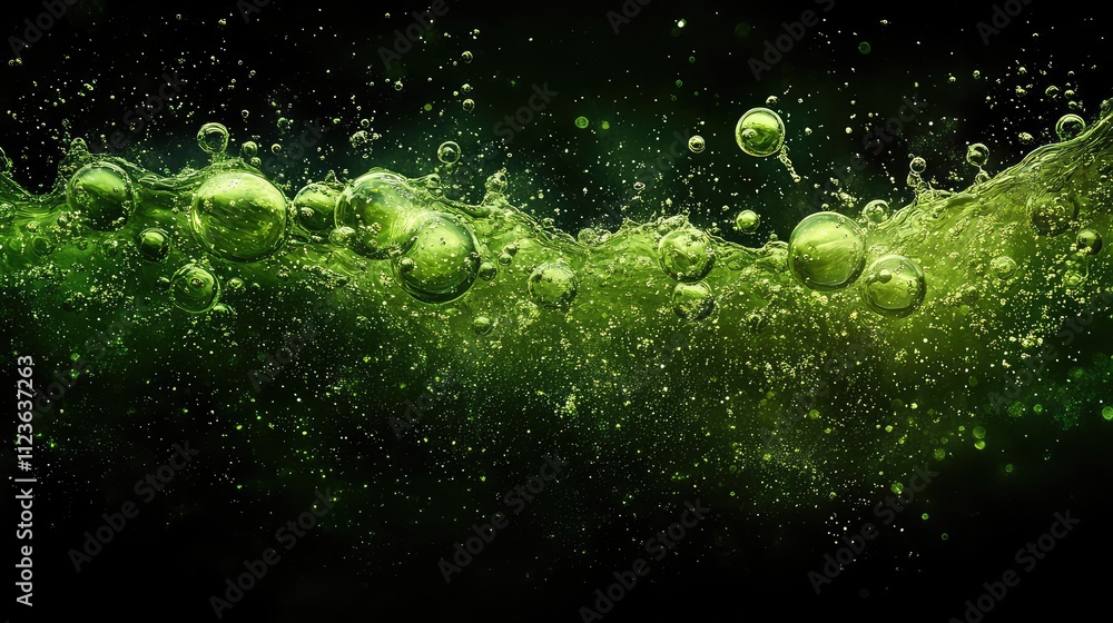Poster macro of green cell-like bubbles in liquid form against deep dark background