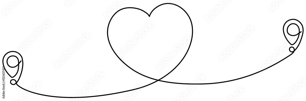 Poster location markers path continuous line drawing. travel destination with heart shape concept. gps navi