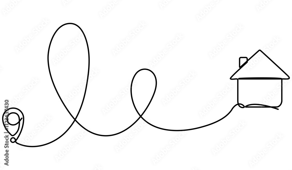 Poster location marker path to house continuous line drawing. home way concept. gps navigation symbol. vect