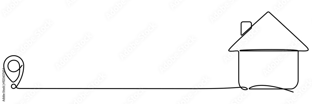 Poster location marker path to house continuous line drawing. home way concept. gps navigation symbol. vect