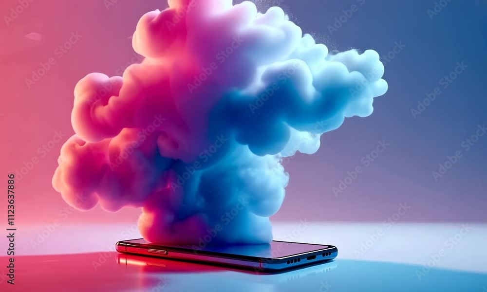 Poster smartphone icon with 3d cloud. the concept of cloud computing. data is uploaded to online storage.