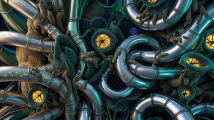 Abstract Biomechanical Artwork with Metal Pipes and Fungi