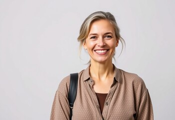 Obraz premium A smiling woman in a casual outfit against a soft gray background.