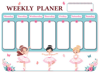A weekly planer for a student. School Time Table Template with a pretty ballerinas on white background. Vector illustration in flat cartoon style