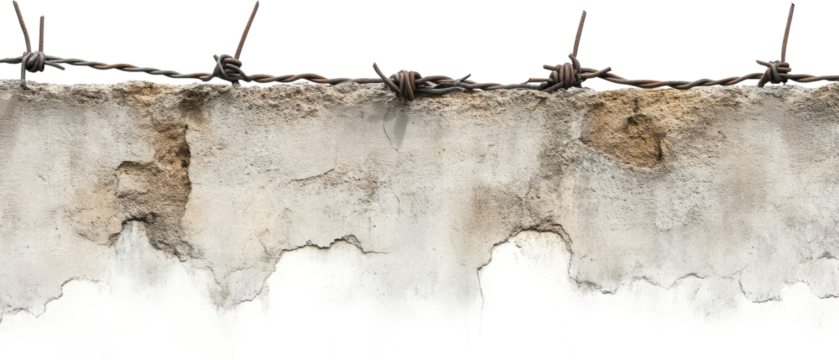 Cracked concrete wall with barbed wire fence, industrial and security concept