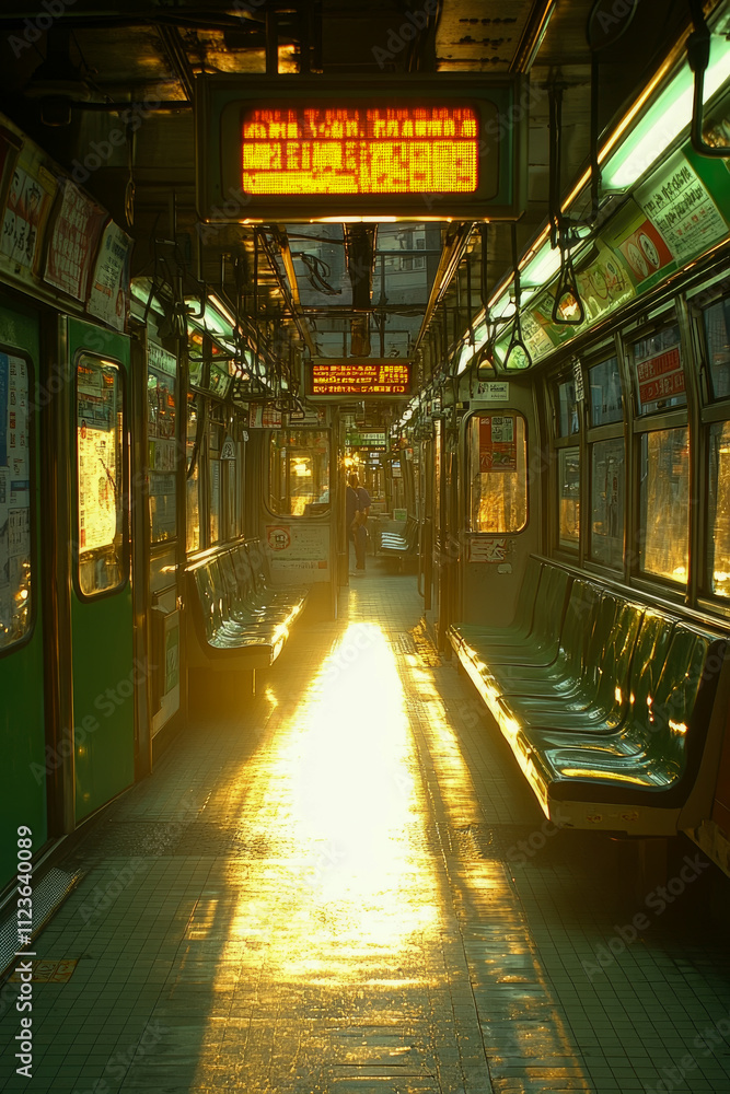 Poster sunlight fills an empty subway car during dusk, illuminating the green seats and creating a serene a