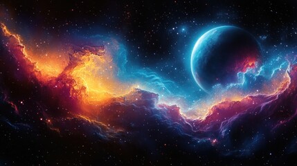 Obraz premium A vibrant cosmic scene featuring a colorful nebula and a planet.