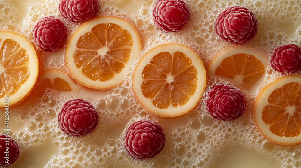 Poster Slices of vibrant oranges and ripe raspberries float in a creamy mixture, creating a refreshing and colorful blend in a bowl