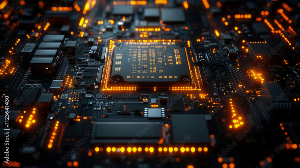 Poster a close-up view of a circuit board illuminated by orange lights showcases intricate components and p