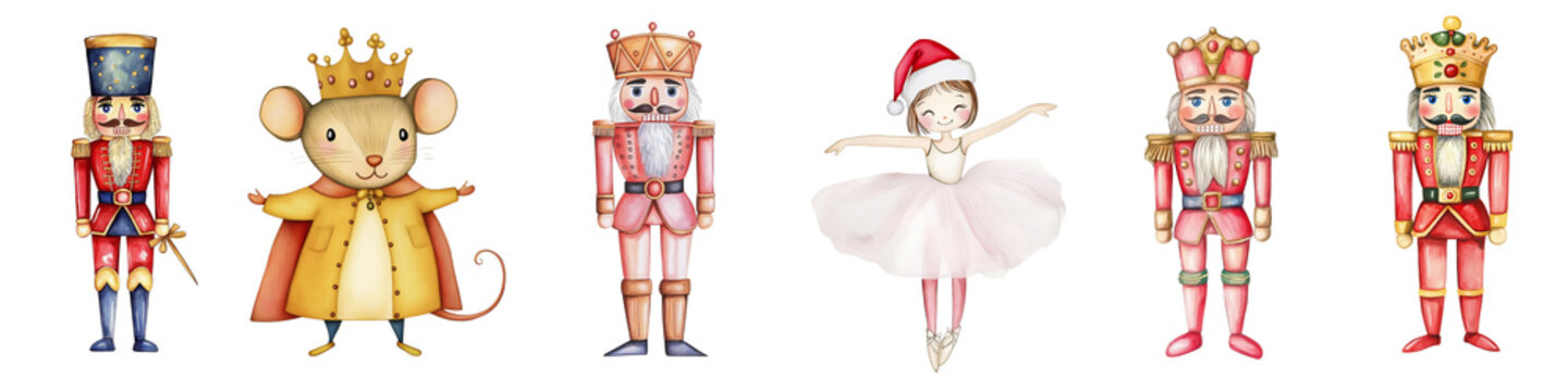 Christmas nutcracker, ballerina and the mouse king, fairy tale set of watercolor illustrations, cartoon style, transparent background, png