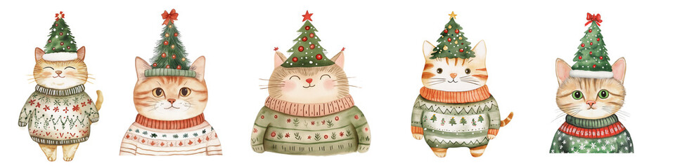 Cat in a sweater with a Christmas tree on his head, set, transparent background, PNG , watercolor illustration, 