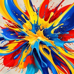 High-energy abstract illustration of bold splashes with expressive brushstrokes and fluid shapes. Features bright colors like electric blue, yellow, and fiery red, with layered textures and dynamics