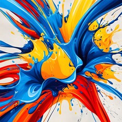 High-energy abstract illustration of bold splashes with expressive brushstrokes and fluid shapes. Features bright colors like electric blue, yellow, and fiery red, with layered textures and dynamics
