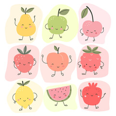 Set with cute fruits peach, lemon, pear, apple, strawberry, raspberry and pomegranate. Vector illustration for printing. Cute children's background. Food and drinks