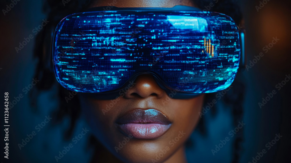 Poster a participant wears a futuristic virtual reality headset while exploring an expansive digital world 
