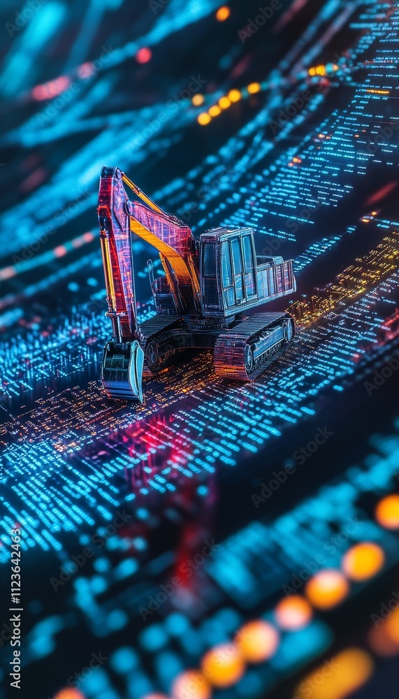 Poster vibrant depiction of data mining with digital excavators and data streams for business insights