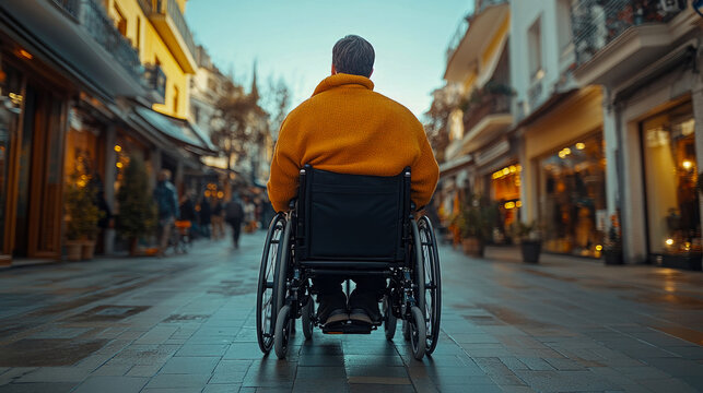 A man in a wheelchair enjoys exploring a lively street lined with shops and people on a bright afternoon seeking new experiences