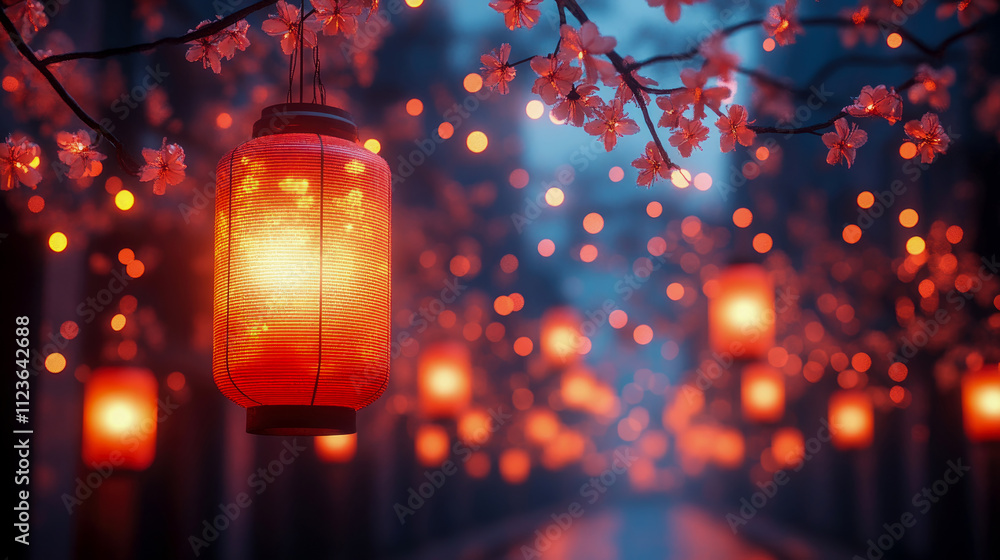 Poster softly glowing lanterns light up a serene path adorned with cherry blossoms, creating a magical atmo