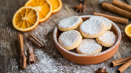 Fototapeta premium Cookies topped with powdered sugar in a small clay dish, surrounded by dried orange slices and cinnamon sticks on a rustic table
