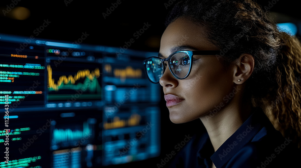 Poster a woman with glasses focuses intently on data displayed on multiple screens, working late in a moder