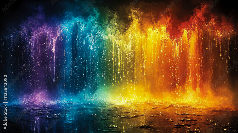 Poster a stunning display of water cascading in vibrant colors, creating a mesmerizing effect against a dar