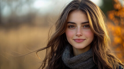 Fototapeta premium A young woman is smiling softly while surrounded by nature in the warm glow of the late afternoon sun. Her hair gently flows in the breeze