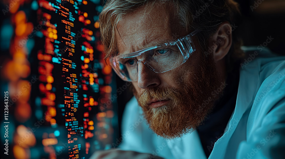 Poster a researcher with a beard focuses intently on complex data displayed on a glowing screen, surrounded