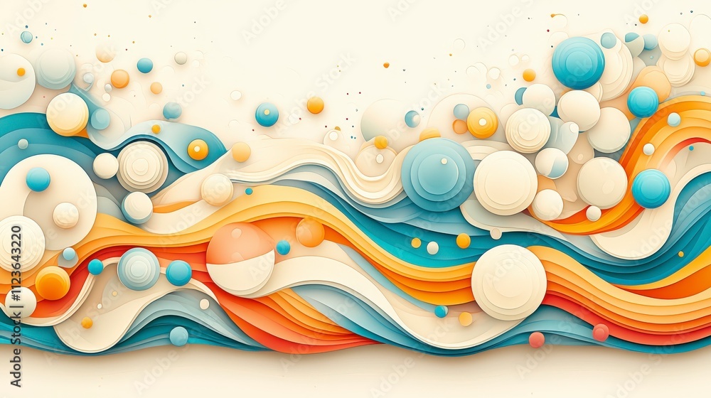Poster a vibrant abstract design featuring colorful waves and spheres, creating a dynamic and playful visua