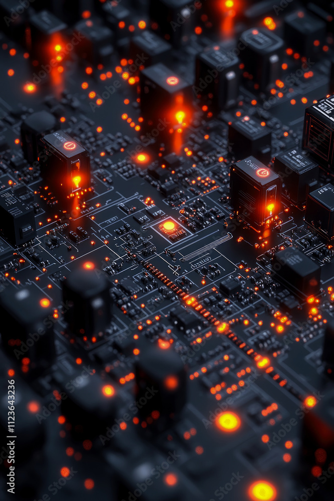 Poster a close-up view of a circuit board filled with glowing orange lights, highlighting the complexity of