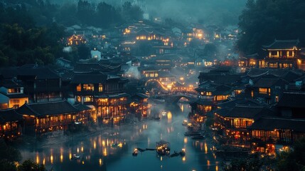 Fototapeta premium Night view of a riverside town with illuminated buildings and boats.